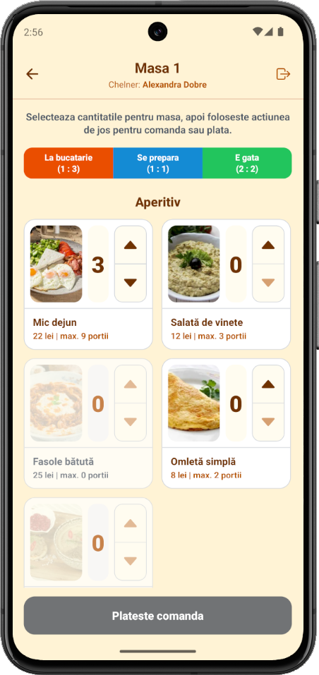 Aplicația pentru restaurant: Comanda unei mese