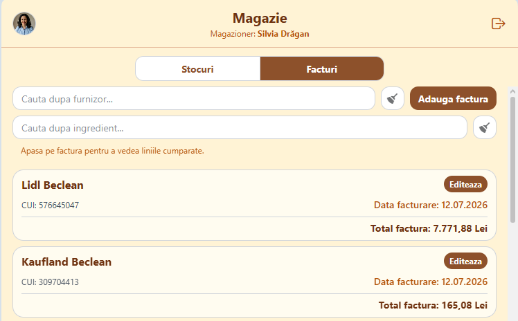 Aplicația pentru restaurant: Facturile din magazie