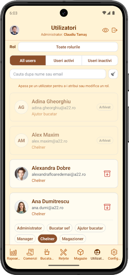 Aplicația pentru restaurant: Utilizatori pe mobil