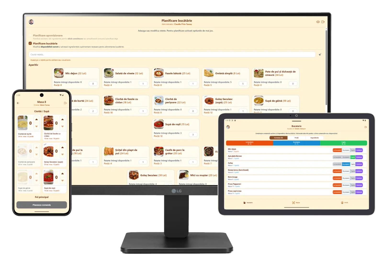Aplicație pentru restaurant prezentată pe monitor, tabletă și telefon