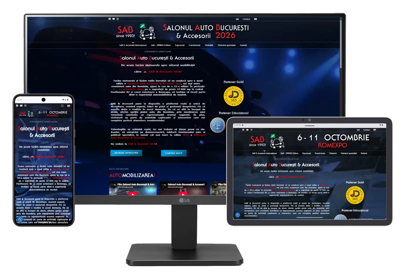 Site-ul Salonului Auto București prezentat pe monitor, tabletă și telefon